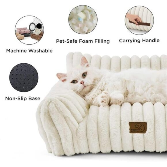 Fluffy Cat Sofa Pet Couch Soft Washable Bed Indoor Small Dog Chair Fleece Cream - Picture 4 of 6